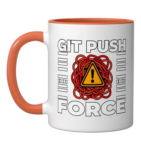Funny Programmer Coding Git Push Force Warning Ceramic Mug, Orange/White