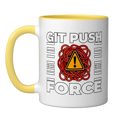 Funny Programmer Coding Git Push Force Warning Ceramic Mug, Yellow/White