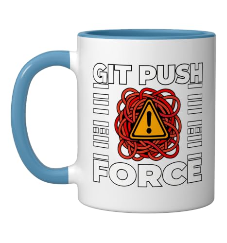 Funny Programmer Coding Git Push Force Warning Ceramic Mug, Blue/White