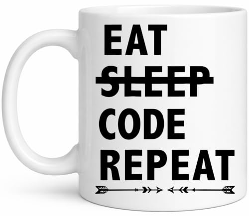 Maze Office Eat Sleep Code Repeat Novelty Coffee Mug, 11 oz, White, Ceramic, Dishwasher and Microwave Safe