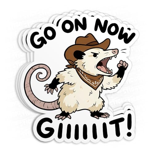 (3Pcs-2") Go On Now Git Sticker Funny Opossum Possum Cowboy Sarcastic Mental Health Quote Waterproof Vinyl Sticker for Laptop, Water Bottles, Phone, Kindle Merchandise Decor Decal Gifts 2 Inches