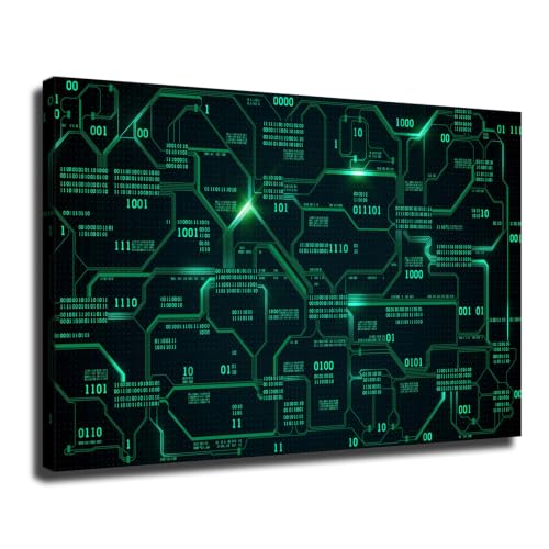 Circuit Board Poster Matrix Binary Code Canvas Wall Art Glowing Green Tech Line Print for Gaming Room Men Office Decor (24x32inch Unframed)