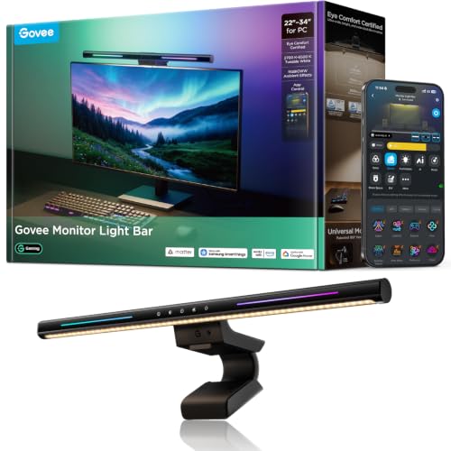 Govee Monitor Light Bar, RGBIC Backlight, for 0.12-6.3-inch Thick Monitors | 22"–34" Flat & Curved Screens, 5-Button Touch Controls, Presence Sensing, 90+ Dynamic Lighting Effects, Smart Control
