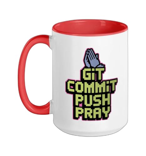 Git Commit Push Pray - Version Control Joke Ceramic Mug, Red/White, 15oz