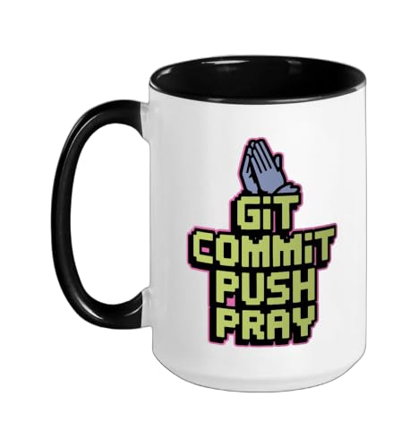 Git Commit Push Pray - Version Control Joke Ceramic Mug, Black/White, 15oz
