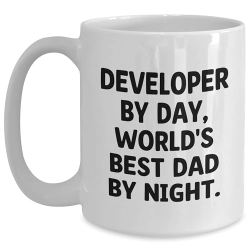 Developer By Day World’s Best Dad Mug 11oz White Ceramic - Microwave & Dishwasher Safe for Coffee, Orange Juice - Developer Birthday Gift - Ideal for Dads/Developers, Home Office