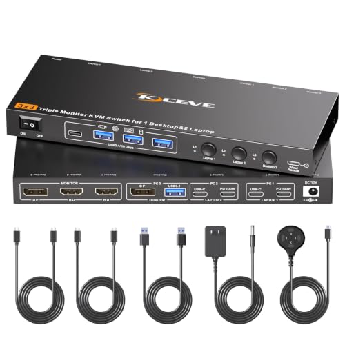 KVM Switch 3 Monitors 3 Computers USB C, KVM Switch for 2 Laptops&1 Desktop
