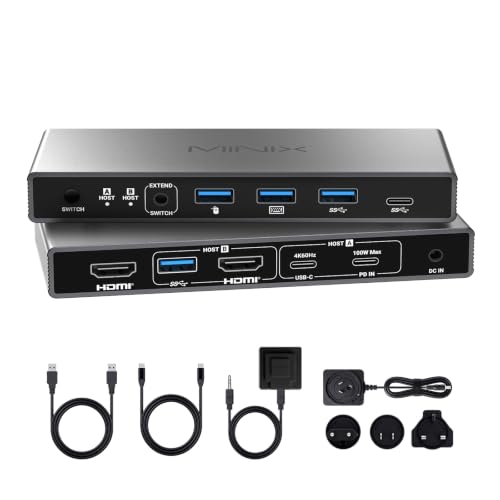 MINIX 8K USB-C+HDMI KVM Switch 1 Monitor 2 Computers for Laptop PC，Aluminum