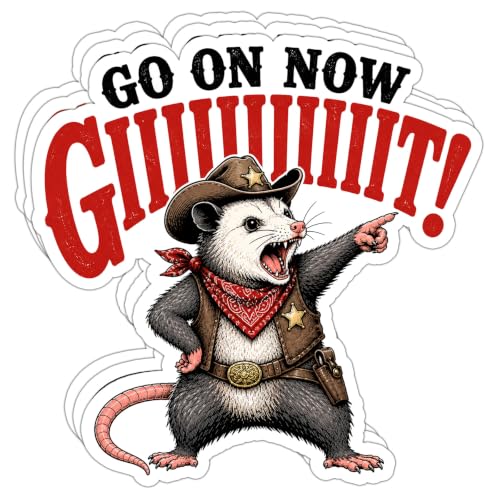 3 Pack Go On Now Git Stickers, 2 inch Funny Cowboy Opossum Vinyl Decals | Funny Western Possum Sheriff Stickers With Country Humor For Laptops, Water Bottles, Tumblers, Cars, Notebooks, And Gifts