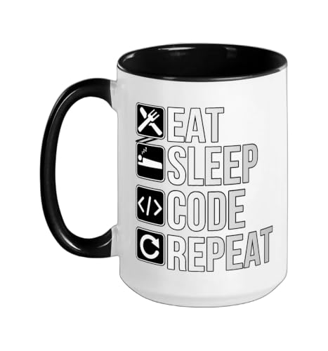Coder Developer - Eat Sleep Code Repeat Ceramic Mug, Black/White, 15oz