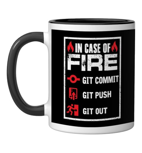 Funny Programmer Shirt In Case Of Fire Git Commit Push Out Ceramic Mug, Black/White, 11oz