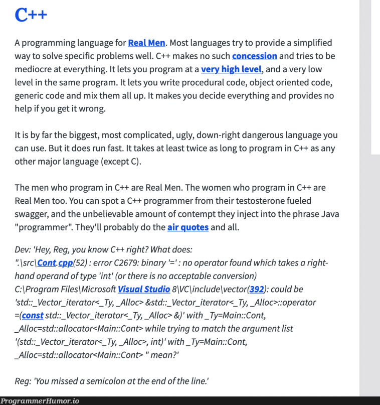 The urban dictionary definition of c++, the last part is by far the funniest | programming-memes, programmer-memes, code-memes, java-memes, program-memes, try-memes, c++-memes, test-memes, loc-memes, version-memes, visual studio-memes, list-memes, dictionary-memes, object-memes, error-memes, microsoft-memes, IT-memes, ide-memes, semicolon-memes, language-memes, programming language-memes, binary-memes | ProgrammerHumor.io