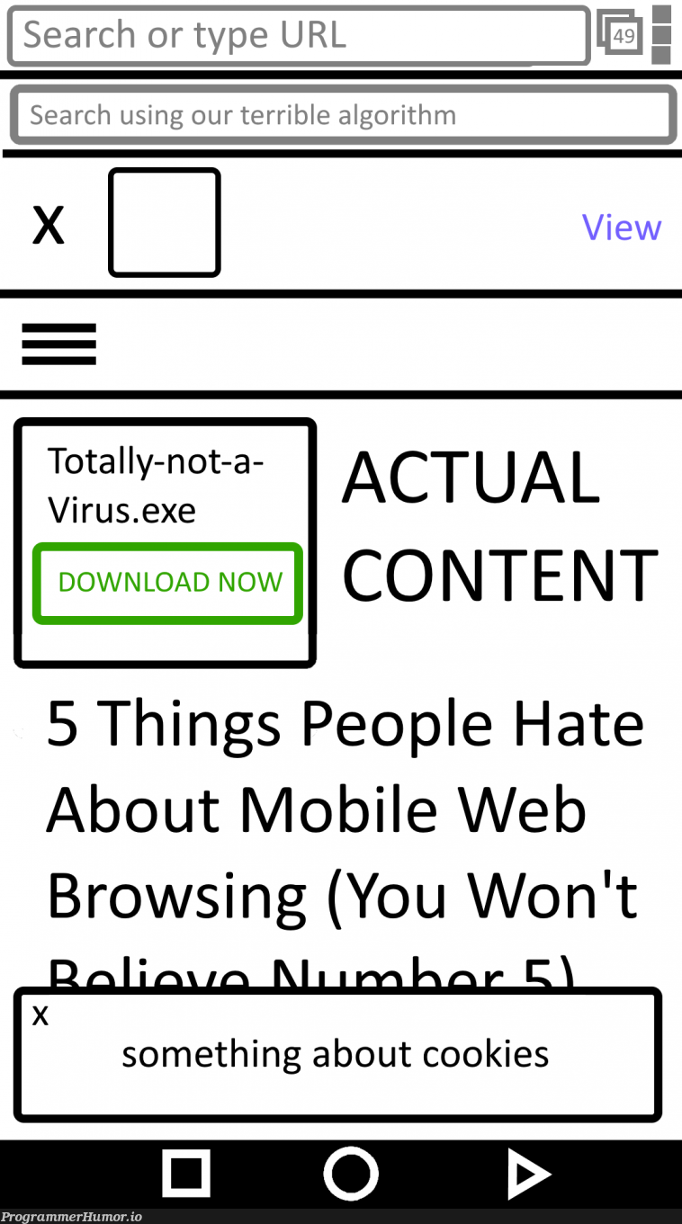 The typical mobile browsing experience these days... | web-memes, virus-memes, algorithm-memes, url-memes, search-memes, cookie-memes | ProgrammerHumor.io