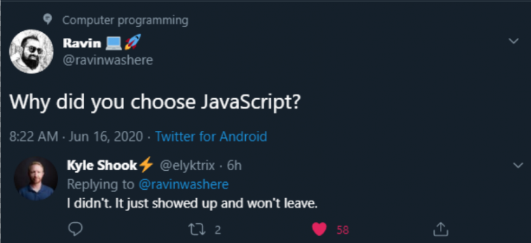You don't choose Javascript, it chooses you | programming-memes, javascript-memes, computer-memes, java-memes, android-memes, program-memes, IT-memes, twitter-memes | ProgrammerHumor.io
