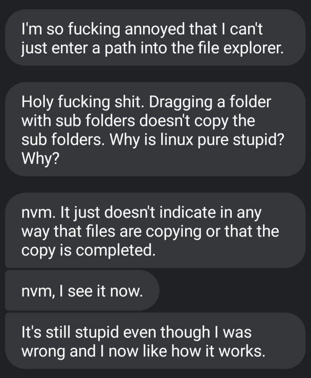 My brother has been transitioning to Linux for the first time and I feel this summarizes the experience for most fairly well | linux-memes, ux-memes, IT-memes, vm-memes | ProgrammerHumor.io