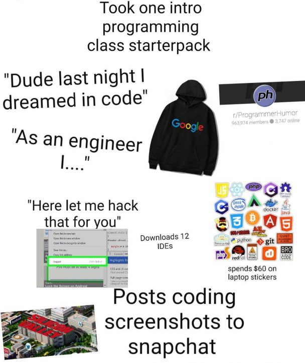 Junior dev starter pack | programming-memes, coding-memes, code-memes, engineer-memes, program-memes, class-memes, ide-memes, laptop-memes | ProgrammerHumor.io