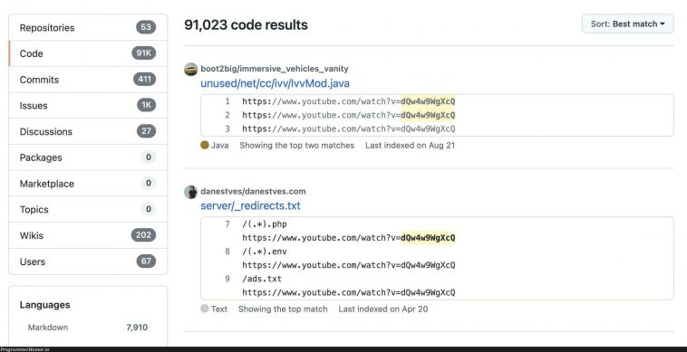 There are 91,000+ instances of the  video ID “dQw4w9WgXcQ” in code  on GitHub –
