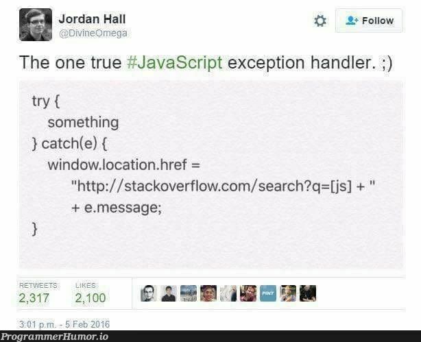 The one true Javascript exception handler – ProgrammerHumor.io